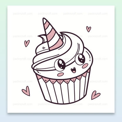 Illustration d'un cupcake licorne joyeux en style doodle, parfait pour DIY.