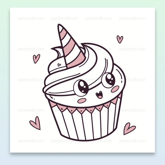 Illustration d'un cupcake licorne joyeux en style doodle, parfait pour DIY.