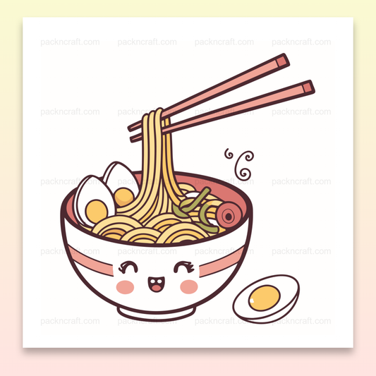 Illustration kawaii d'un bol de ramen heureux, idéale pour stickers et papeterie.