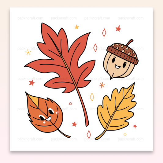 Illustration kawaii de feuilles d'automne et gland, idéale pour des projets DIY et éducatifs