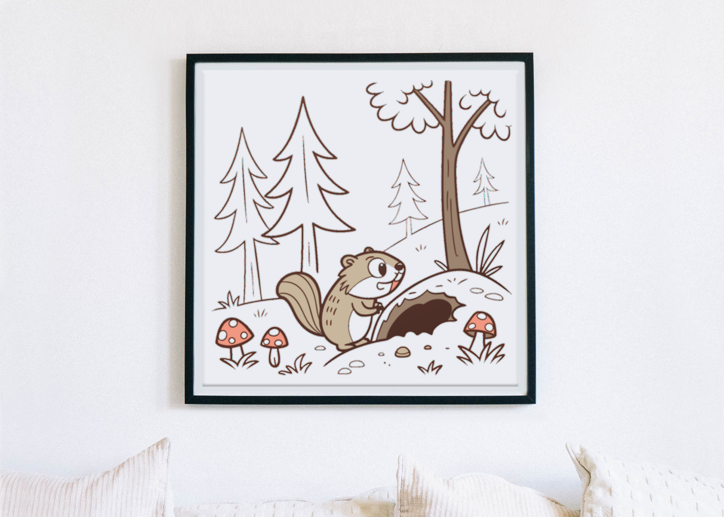Cadre avec dessin d'un écureuil explorant la forêt dans un style nature charmant