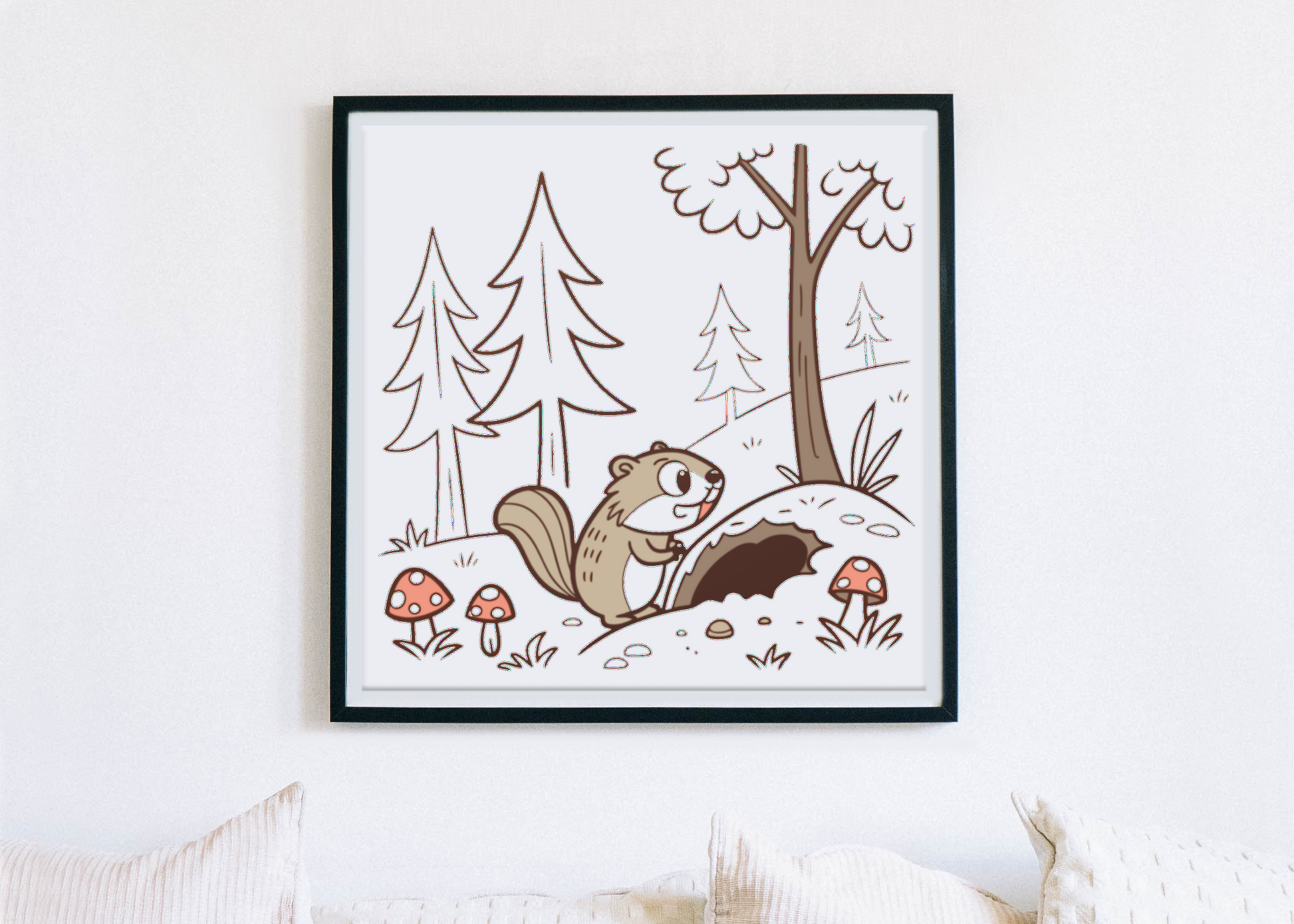 Cadre avec dessin d'un écureuil explorant la forêt dans un style nature charmant
