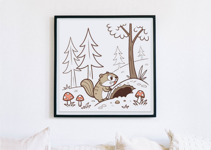 Cadre avec dessin d'un écureuil explorant la forêt dans un style nature charmant