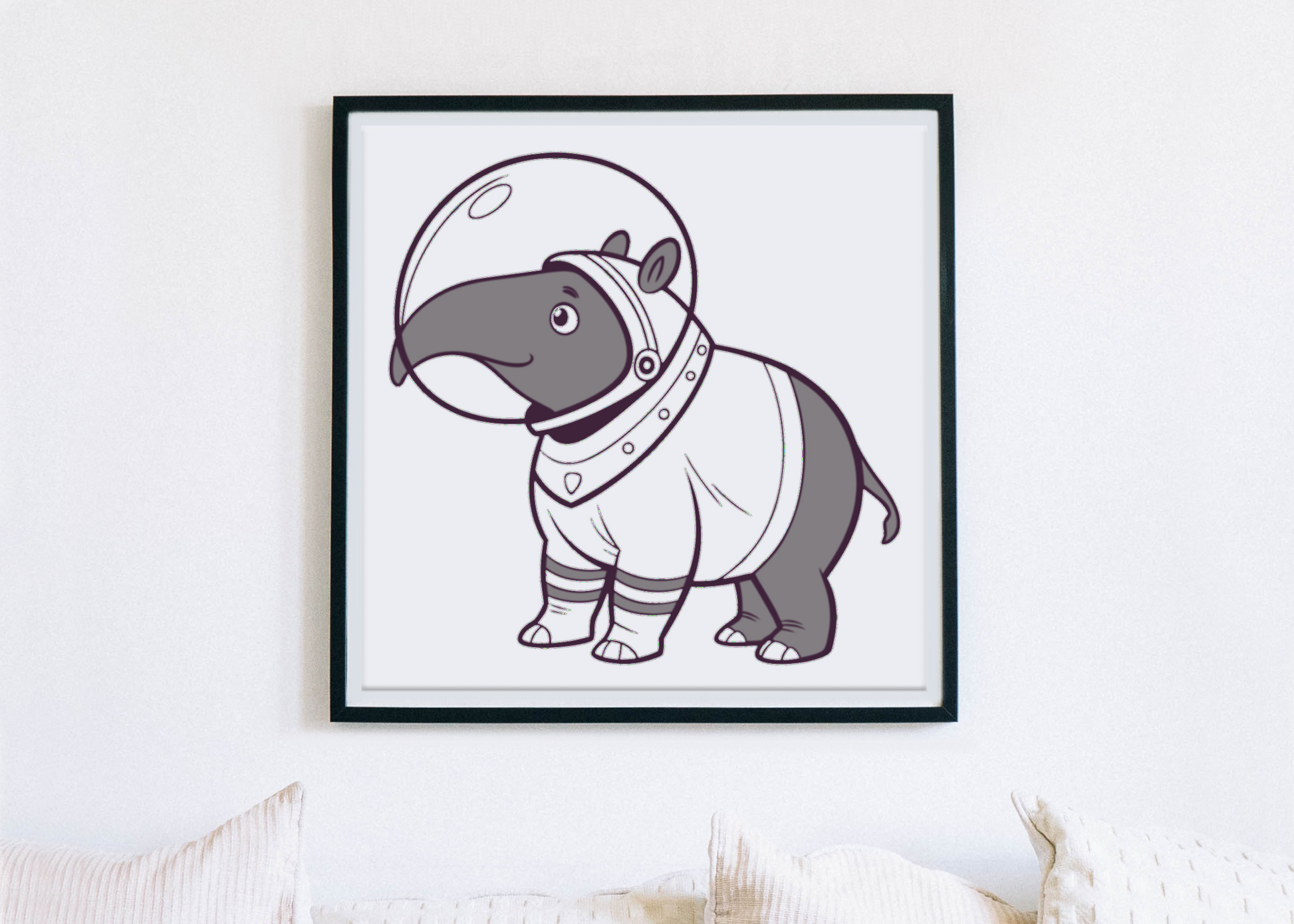 Cadre décoré avec un tapir astronaute minimaliste en quête d'une aventure cosmique