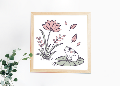 Cadre avec grenouille kawaii sur nénuphar, style léger et nature vivante