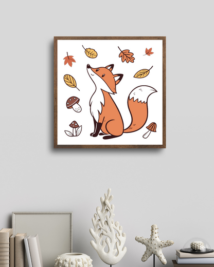 Cadre décoratif avec renard pensif et feuilles dans un style automnal apaisant