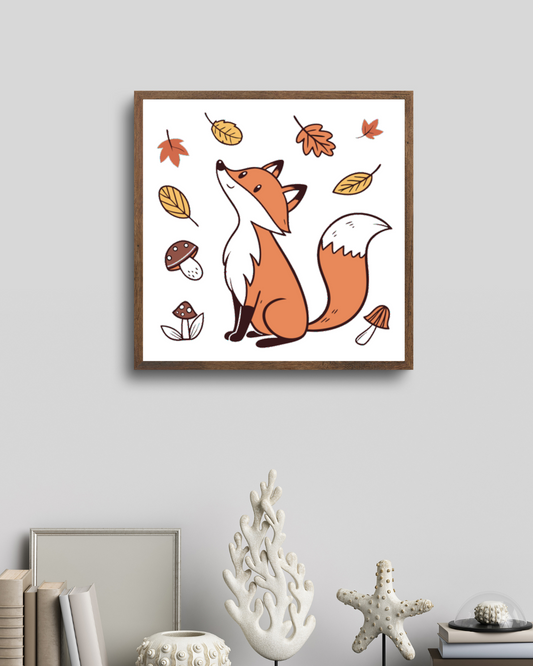 Cadre décoratif avec renard pensif et feuilles dans un style automnal apaisant
