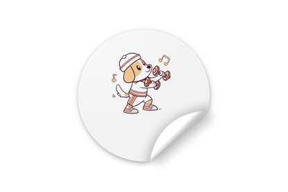 Sticker avec un chien musclé cartoon dans un thème fitness, fond blanc