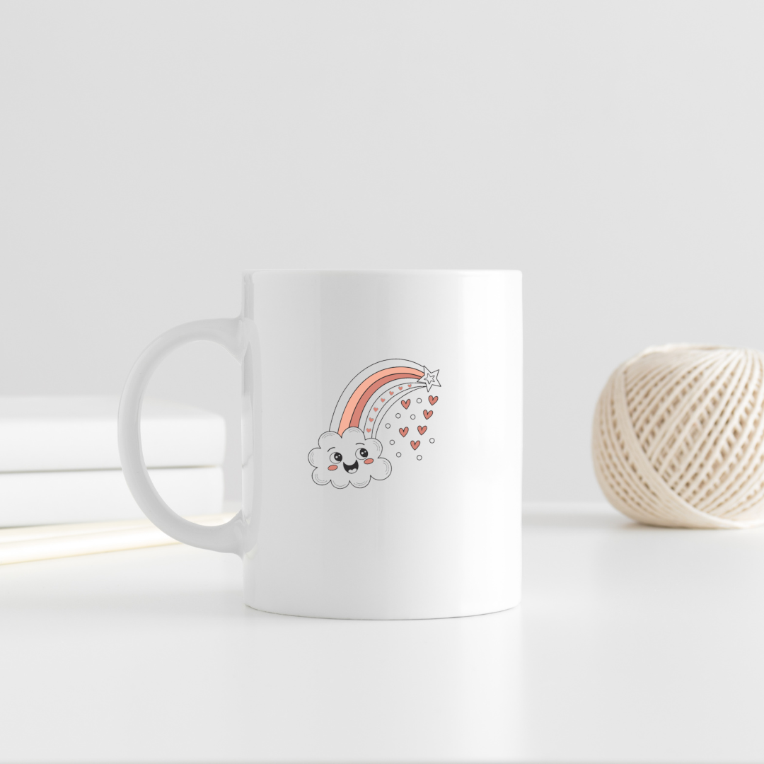 Mug personnalisé avec design de nuage kawaii arc-en-ciel, parfait pour cadeaux.