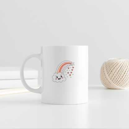 Mug personnalisé avec design de nuage kawaii arc-en-ciel, parfait pour cadeaux.