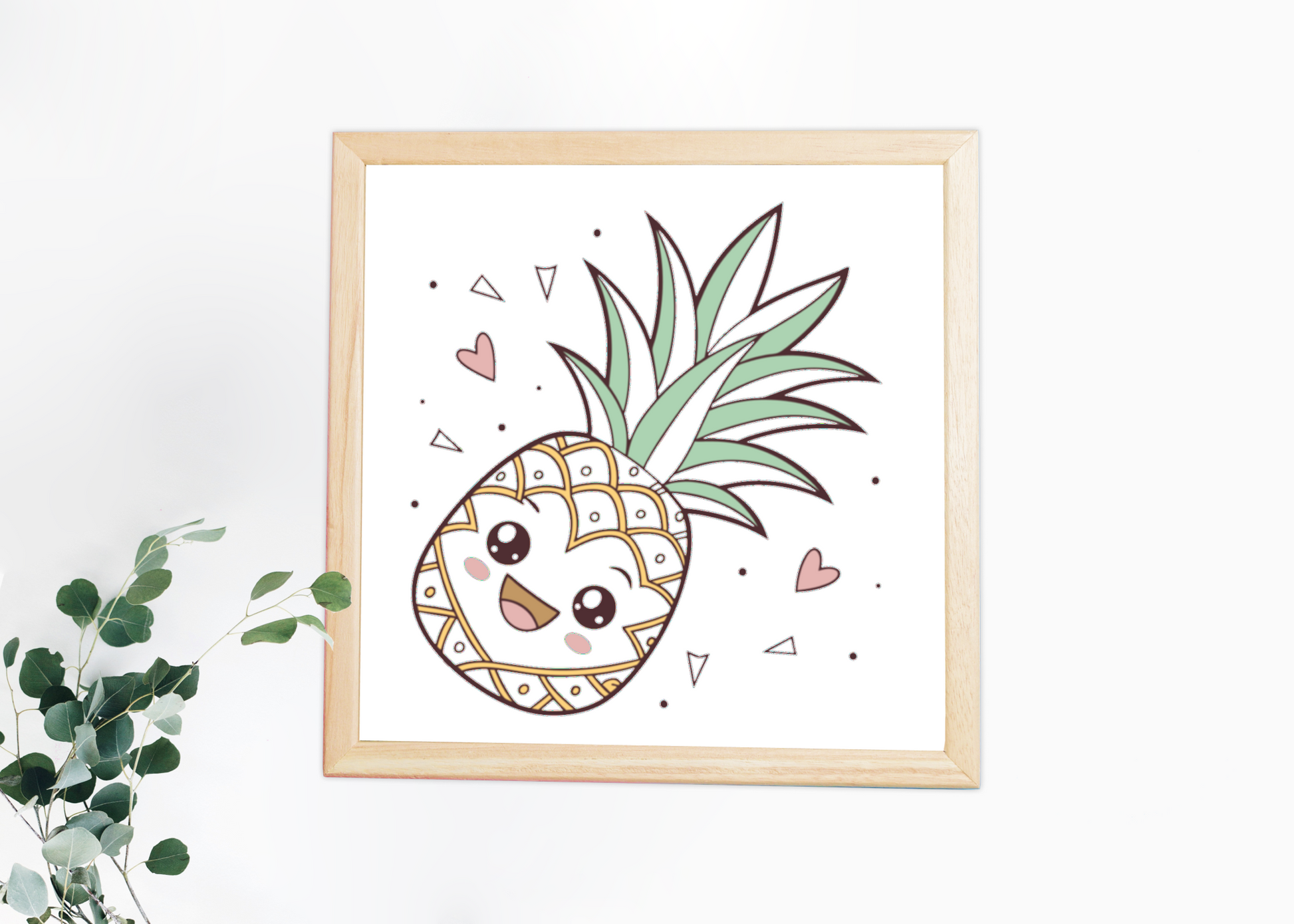 Cadre avec ananas joyeux volant dans un style kawaii pastel et ambiance tropicale
