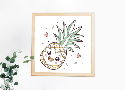 Cadre avec ananas joyeux volant dans un style kawaii pastel et ambiance tropicale