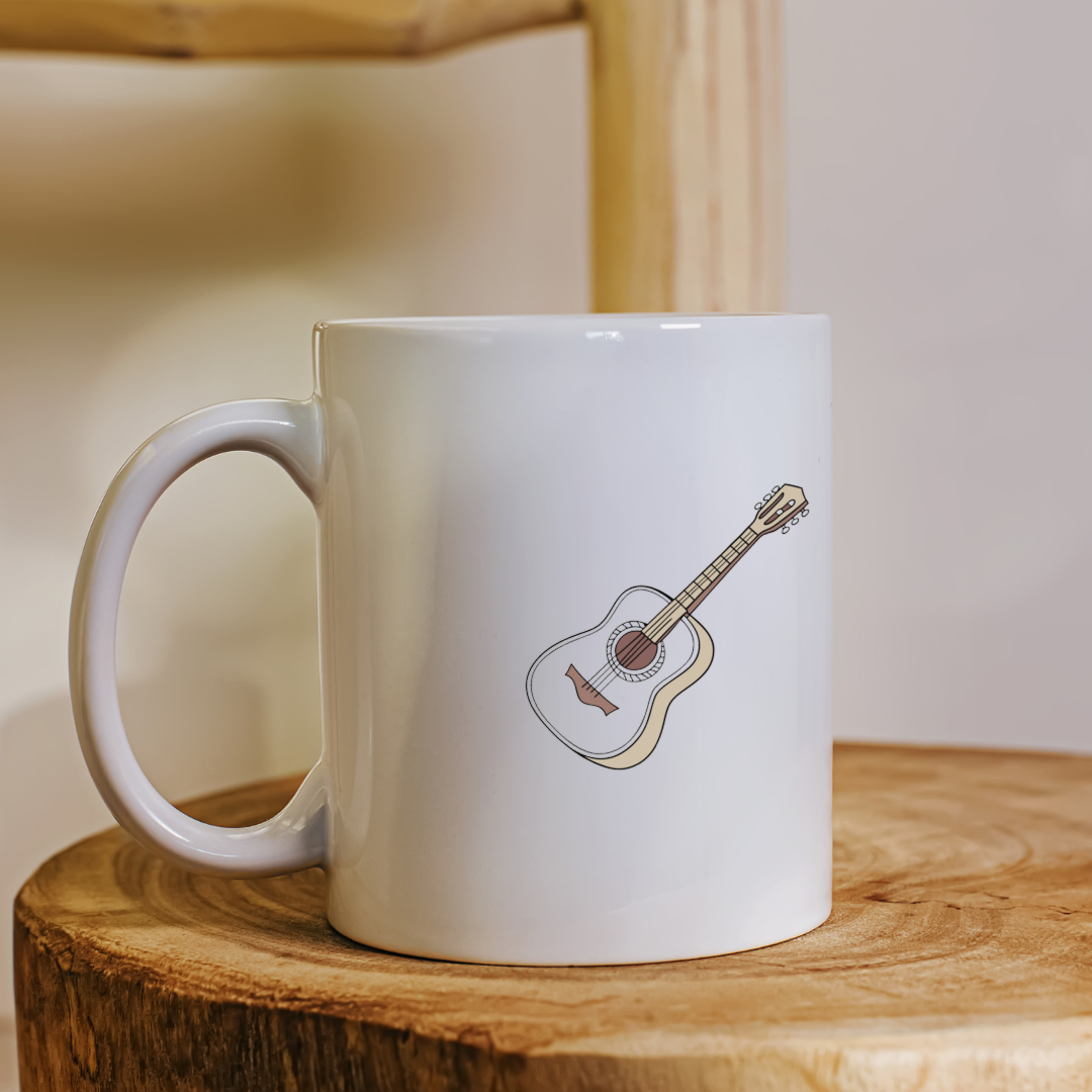 Mug décoré d'une guitare acoustique au design élégant dans un style musical paisible