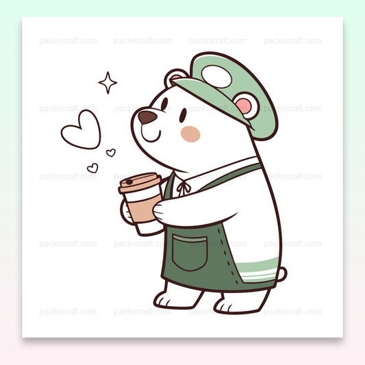 Illustration vectorielle d'un ours barista kawaii, parfait pour projets créatifs café.