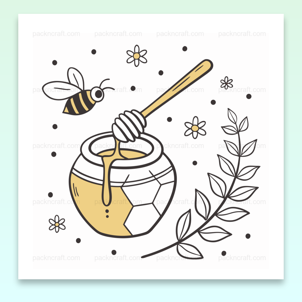 Abeille joyeuse autour d'un pot de miel, illustration vectorielle pour projets créatifs.