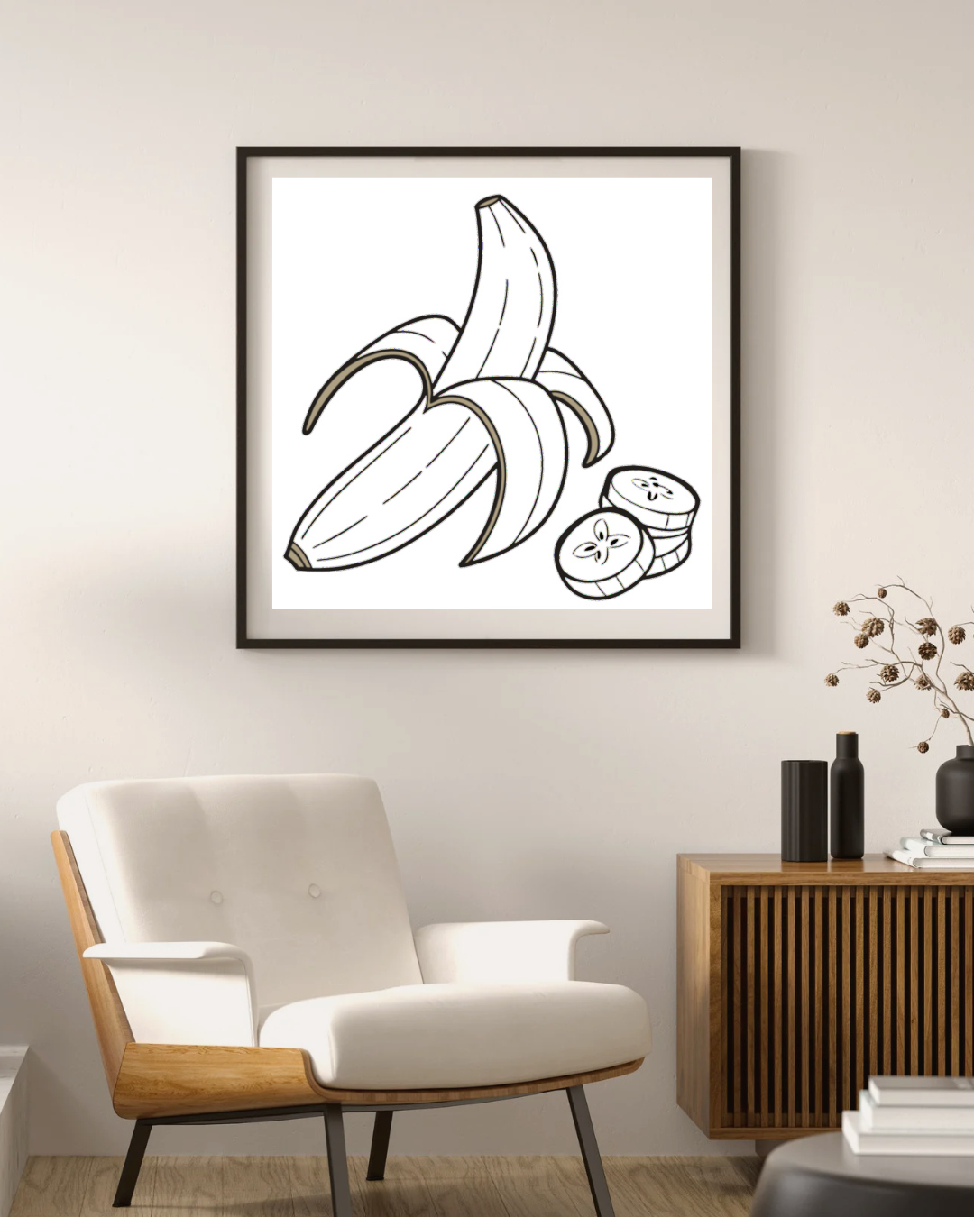 Cadre avec design minimaliste de banane épluchée, parfait pour une touche gourmande