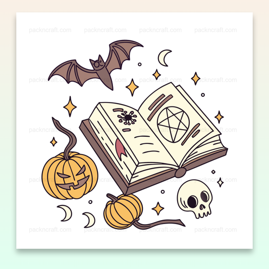 Illustration d'un livre magique entouré de citrouilles et de motifs mystiques, idéale pour Halloween.