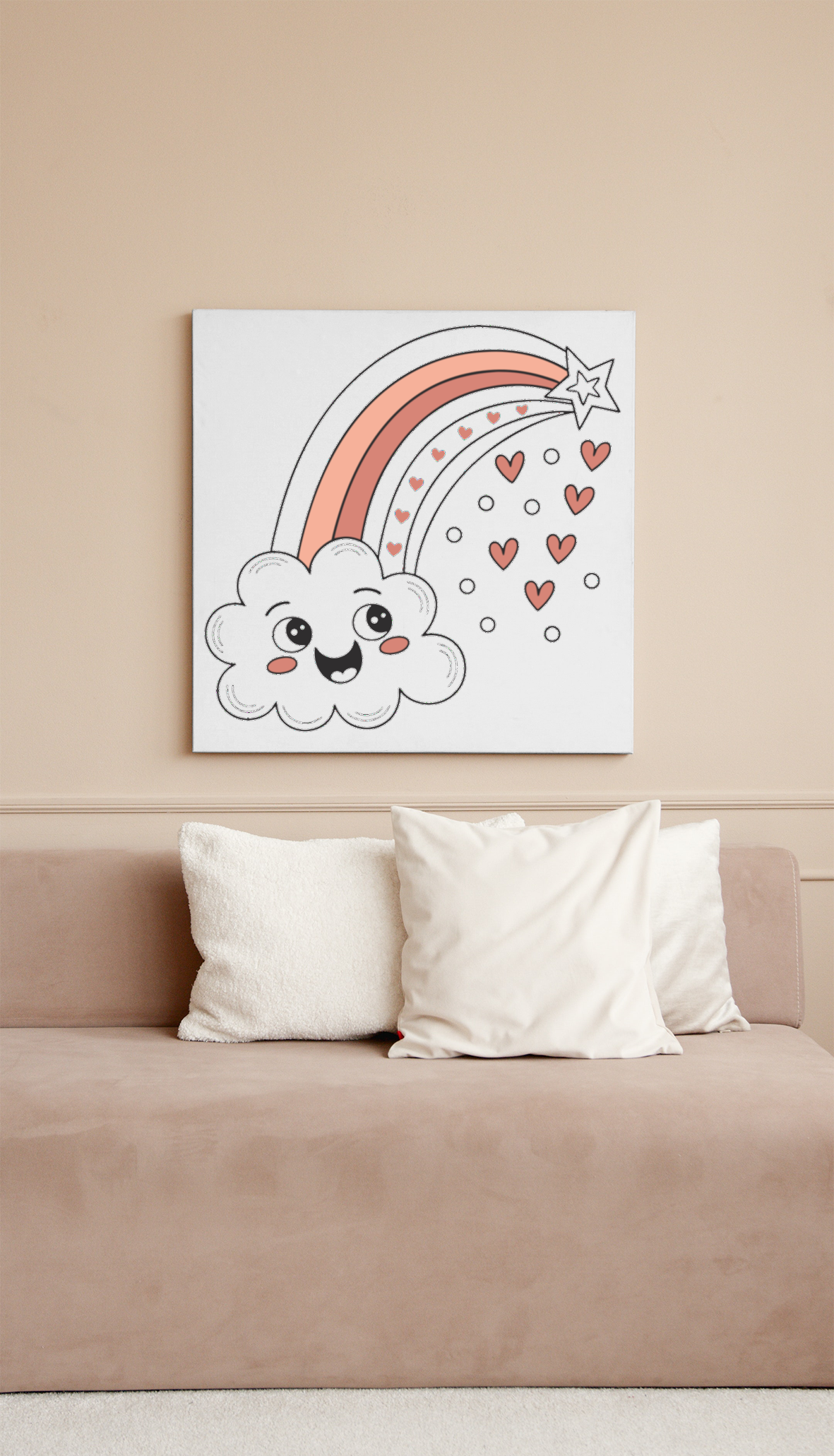 Cadre mural avec nuage kawaii et cœurs, décoration douce et enfantine.