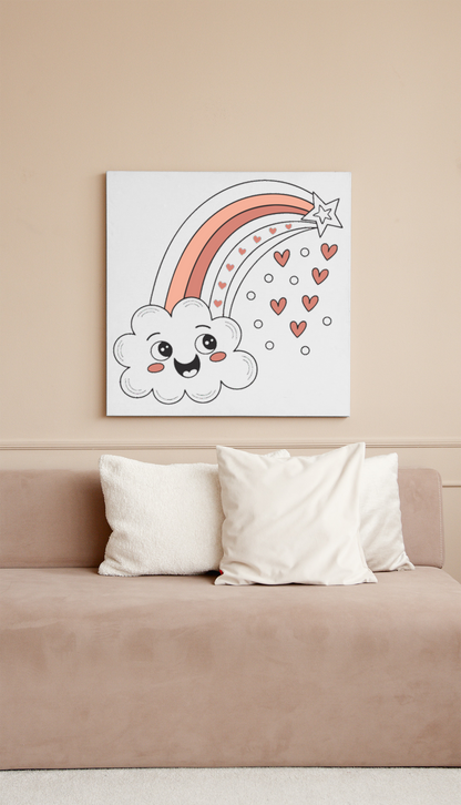 Cadre mural avec nuage kawaii et cœurs, décoration douce et enfantine.