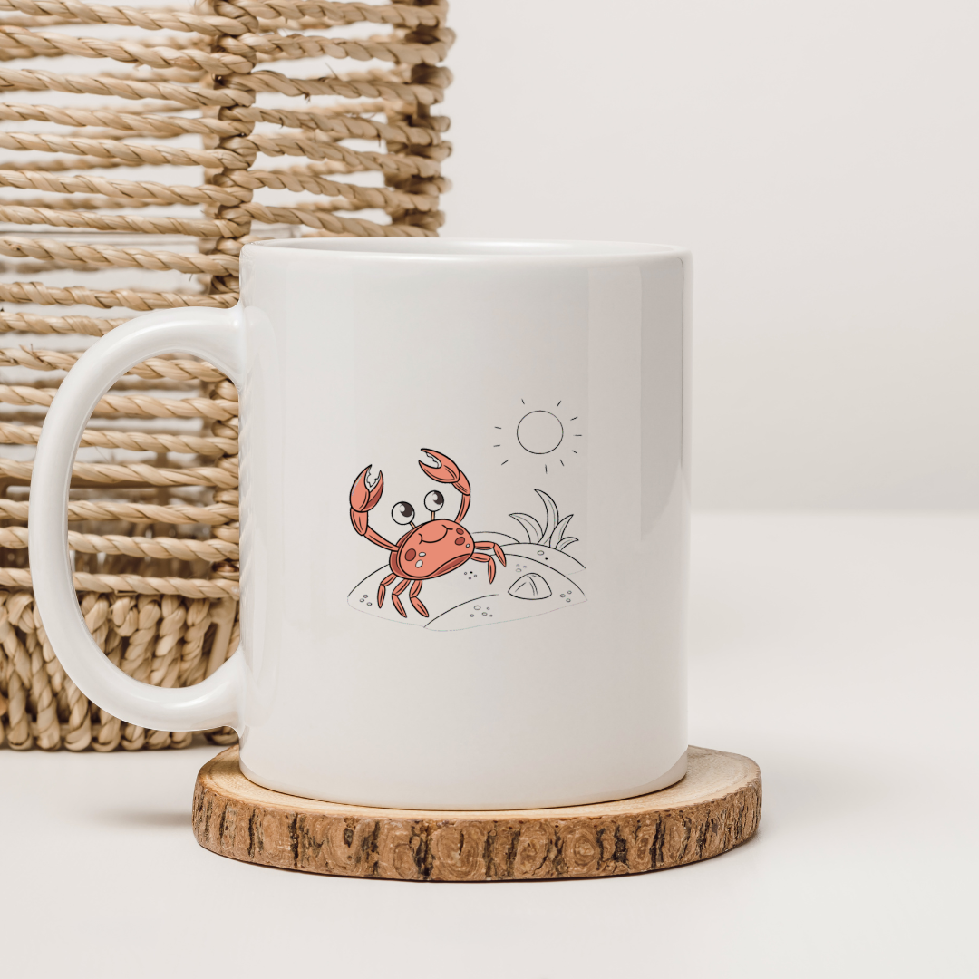 Mug avec crabe joyeux style cartoon idéal pour un thème plage