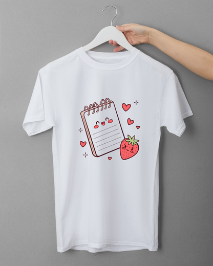 T-shirt vibrant avec carnet joyeux et fraise amoureuse en motif numérique coloré