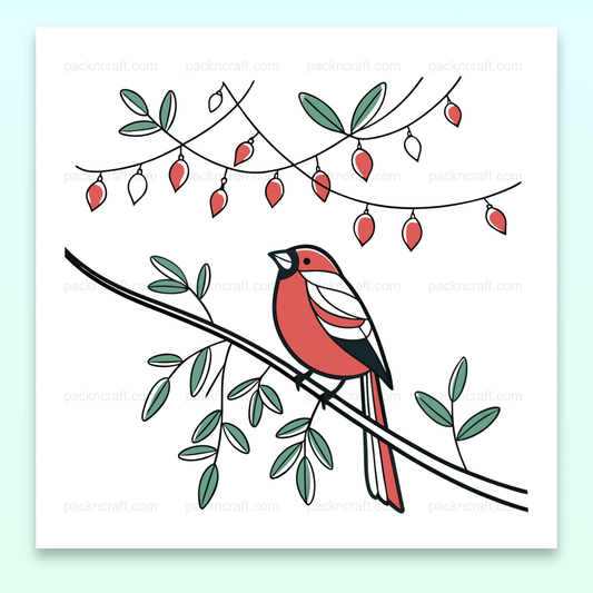 Illustration d'un oiseau perché avec décorations, style pastel pour projets DIY et éducatifs.