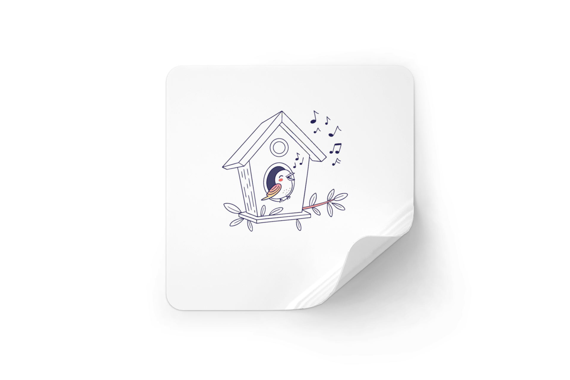 Sticker avec un oiseau chantant joyeusement depuis son nichoir en doodle naturel