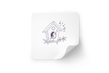 Sticker avec un oiseau chantant joyeusement depuis son nichoir en doodle naturel