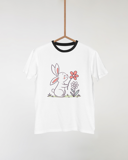 T-shirt charmant avec un lapin joyeux tenant une fleur dans un style printanier