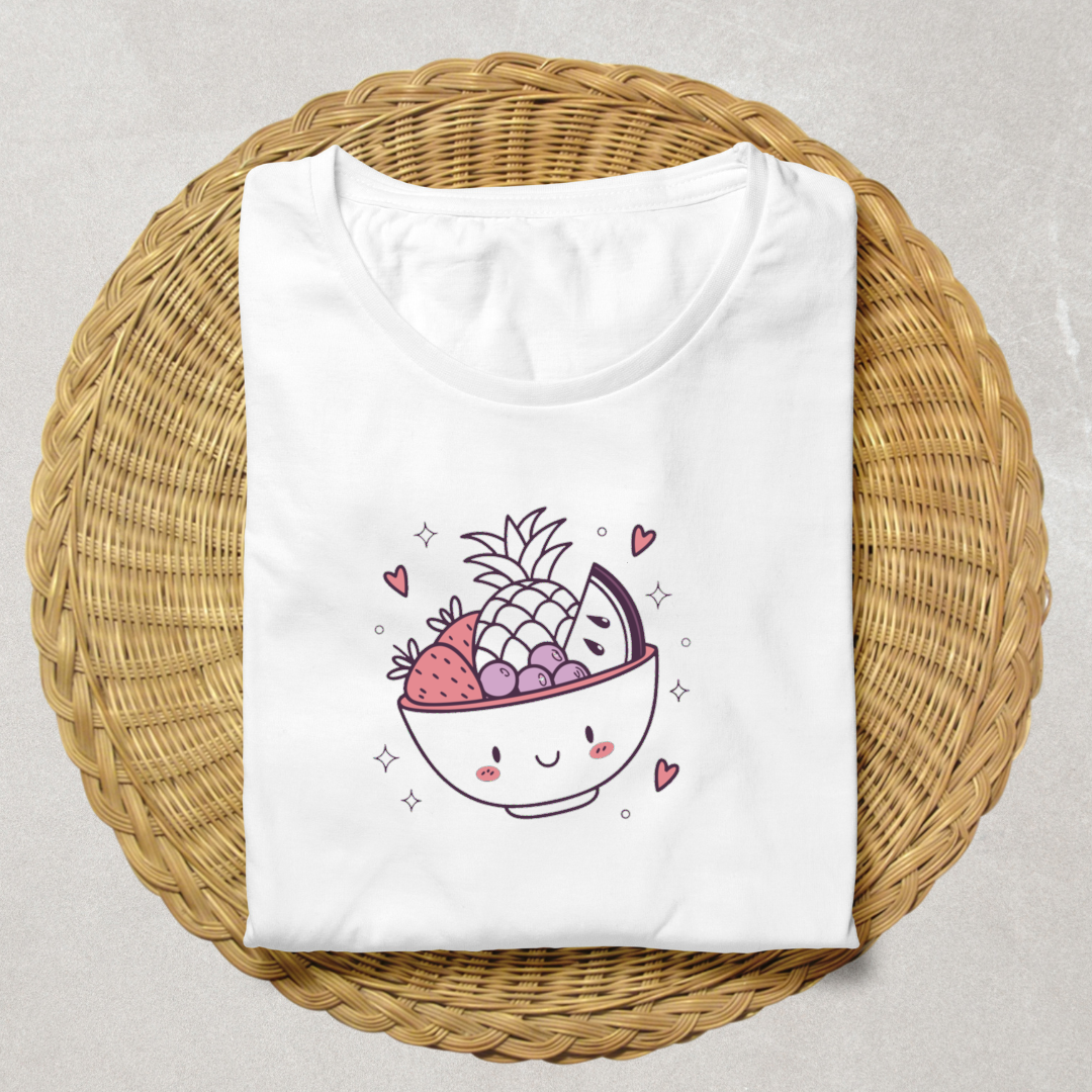 T-shirt avec bol de fruits souriant pour cuisine joyeuse tons pastel