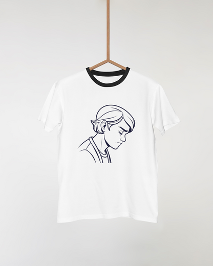 T-shirt éducatif avec dessin garçon pensif dans un style émotionnel enseignant