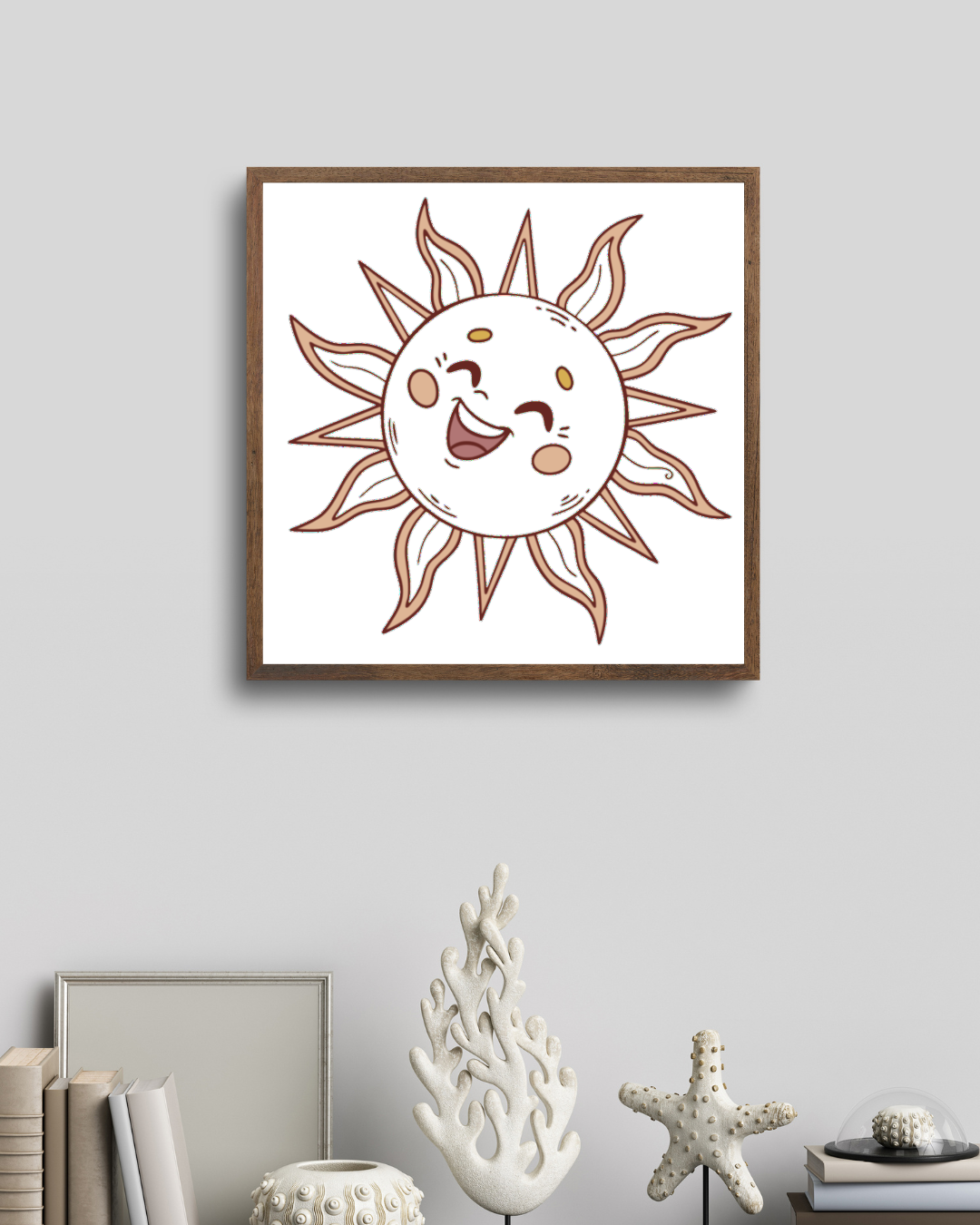 Cadre déco avec un soleil rieur en style doodle et ambiance éclat enfantin