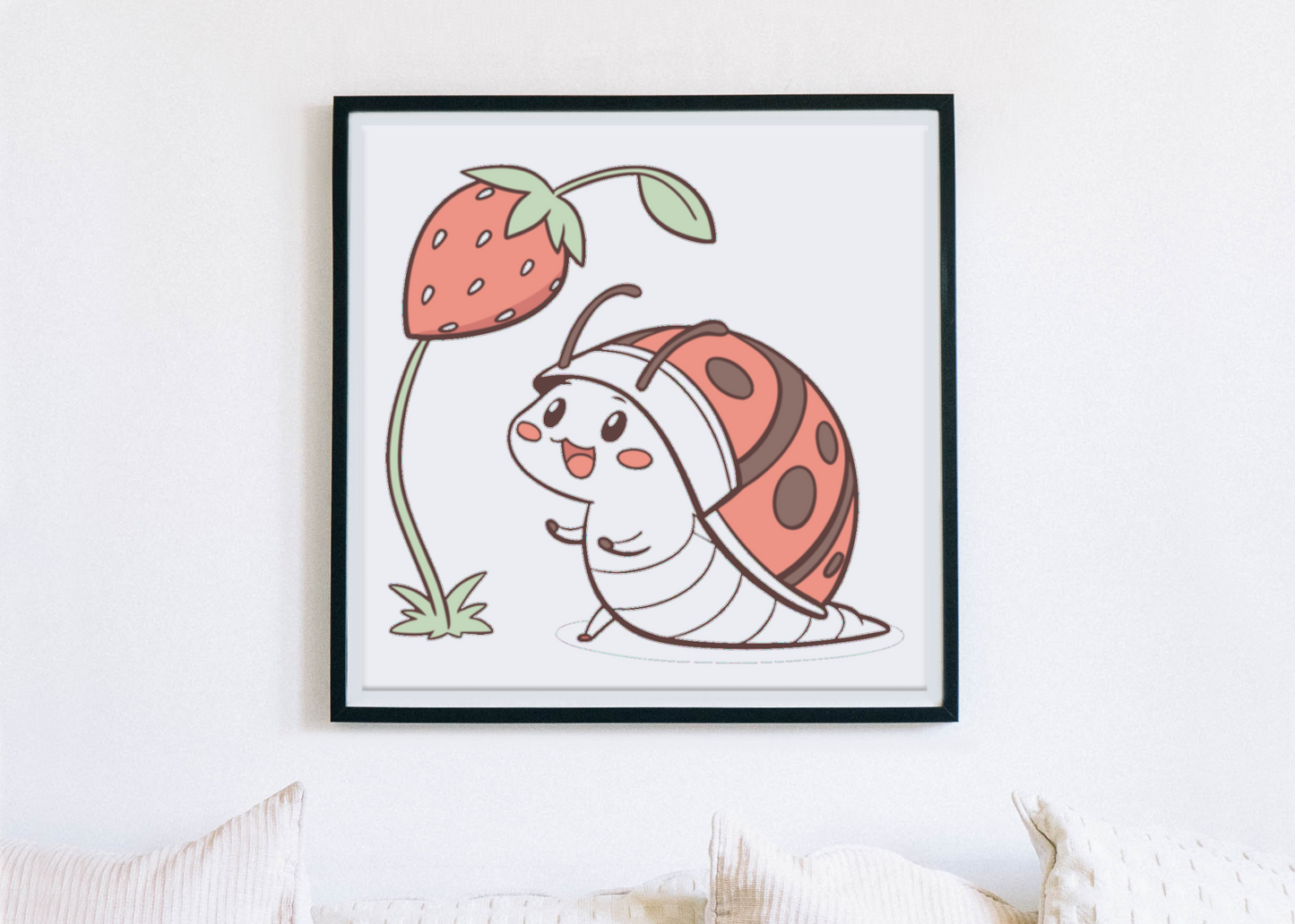 Cadre décoratif avec escargot kawaii souriant sous une fraise amicale