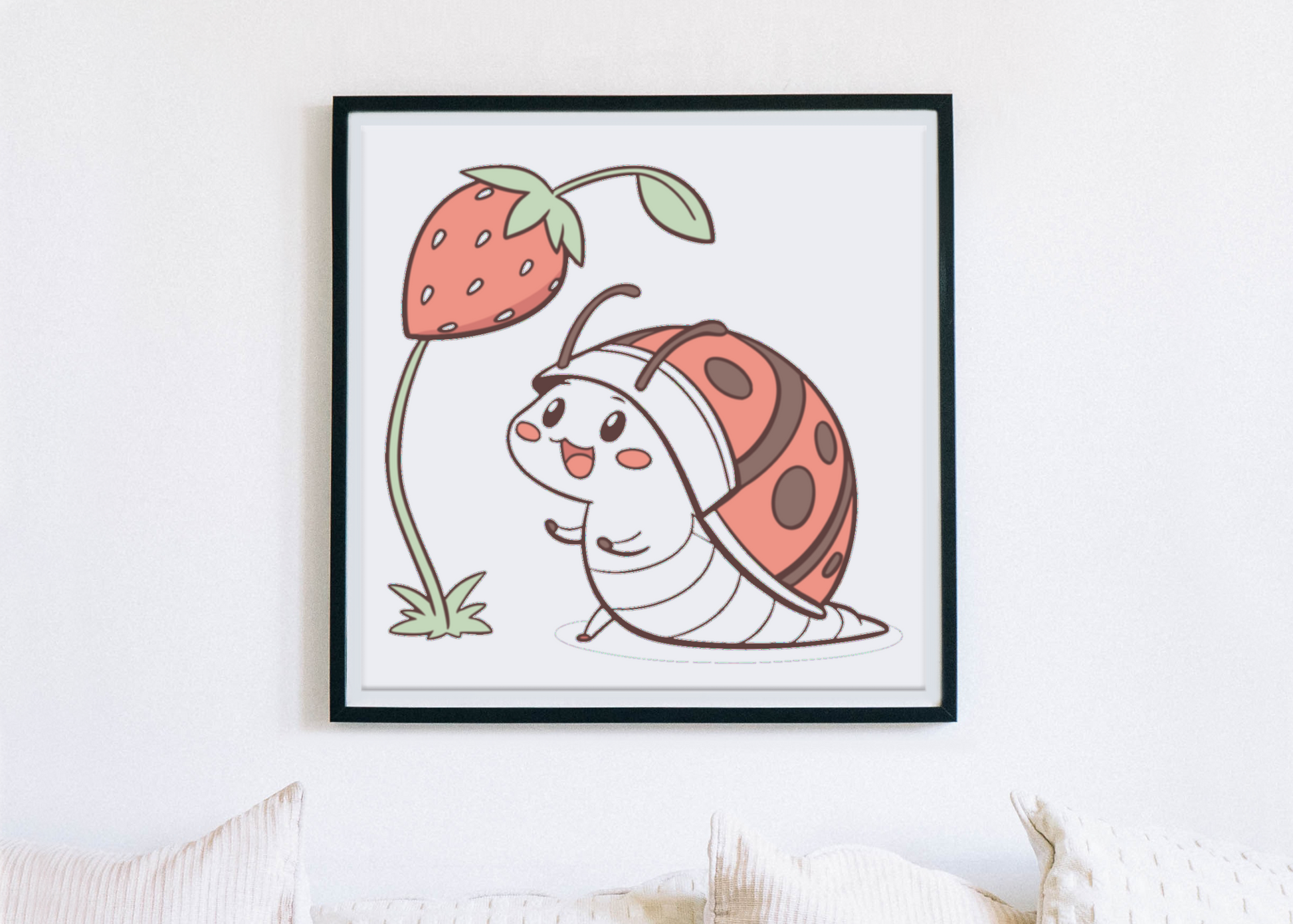 Cadre décoratif avec escargot kawaii souriant sous une fraise amicale