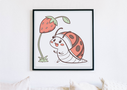 Cadre décoratif avec escargot kawaii souriant sous une fraise amicale