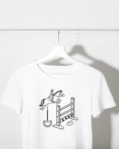 T-shirt avec icône minimaliste de cavalier sautant une haie en style équestre