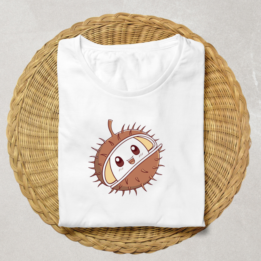 T-shirt automne avec icône kawaii de châtaigne souriante sur fond blanc