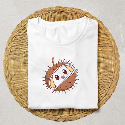 T-shirt automne avec icône kawaii de châtaigne souriante sur fond blanc