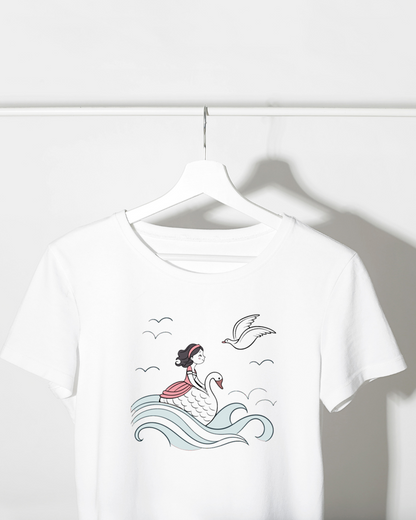 T-shirt aventure ornée d'une fille souriante sur un cygne en style numérique vibrant