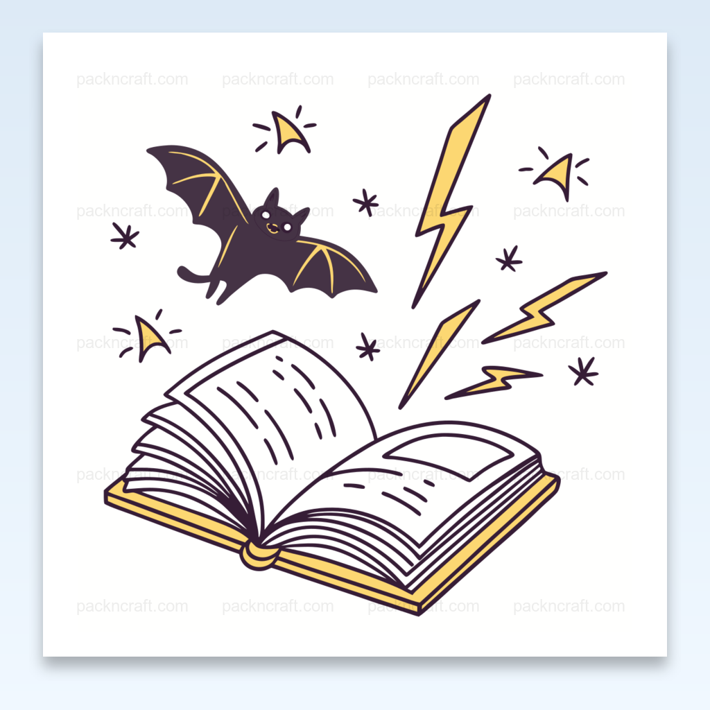 Illustration magique d'une chauve-souris avec livre et éclairs, pour stickers et déco DIY.