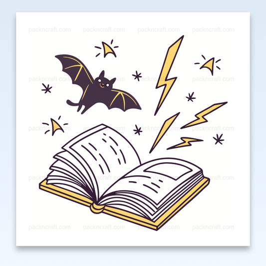 Illustration magique d'une chauve-souris avec livre et éclairs, pour stickers et déco DIY.