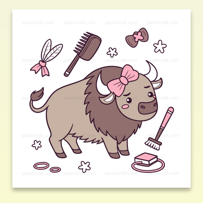 Illustration kawaii d'un bison coquet avec accessoires de beauté, parfaite pour décoration et projets DIY.