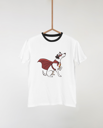 Visuel minimaliste d'un t-shirt avec un chien super-héros courageux stylisé en bleu
