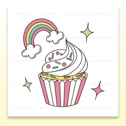Illustration d'un cupcake arc-en-ciel joyeux en style pastel, parfait pour papeterie et DIY