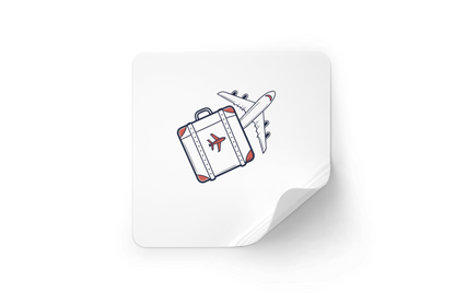 Sticker minimaliste avec icône de valise volante sur fond de voyage
