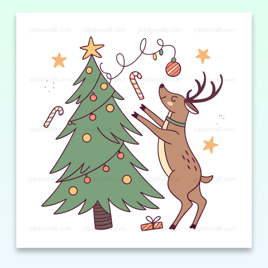 Dessin de renne joyeux et sapin de Noël, parfait pour décorations et projets créatifs.