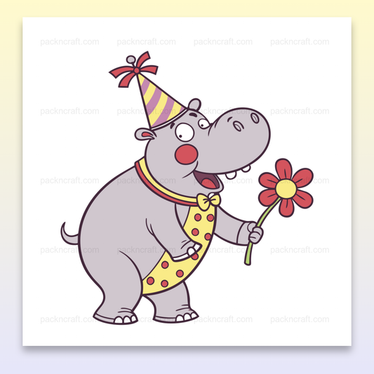 Illustration d'un hippopotame joyeux avec une fleur, en style doodle pour projets créatifs.
