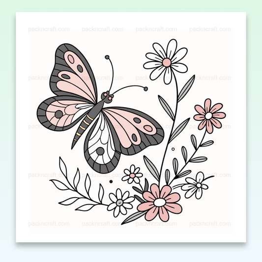 Papillon pastel sur fleurs printanières, illustré en style vectoriel, parfait pour DIY et papeterie.