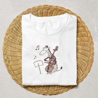 T-shirt musical avec girafe jouant du violoncelle, design unique et créatif