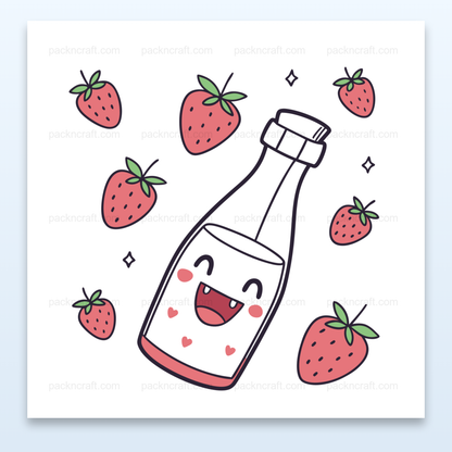 Illustration kawaii d'une bouteille joyeuse avec fraises, idéale pour papeterie et déco.